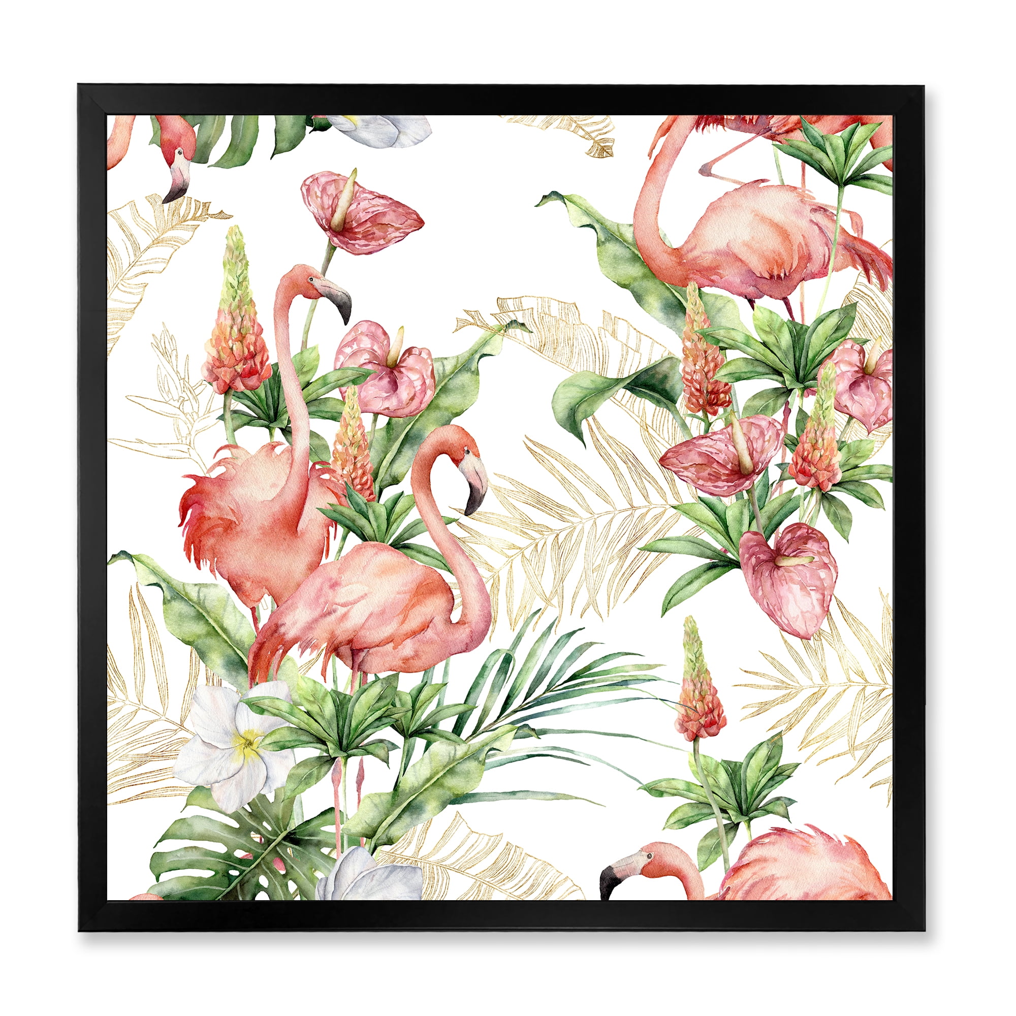 Designart 'Tropical Flowers & Gold Leaves With Pink Flamingos' Traditional Framed Art Print