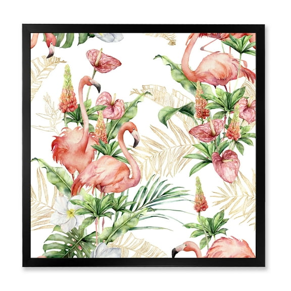 Designart 'Tropical Flowers & Gold Leaves With Pink Flamingos' Traditional Framed Art Print