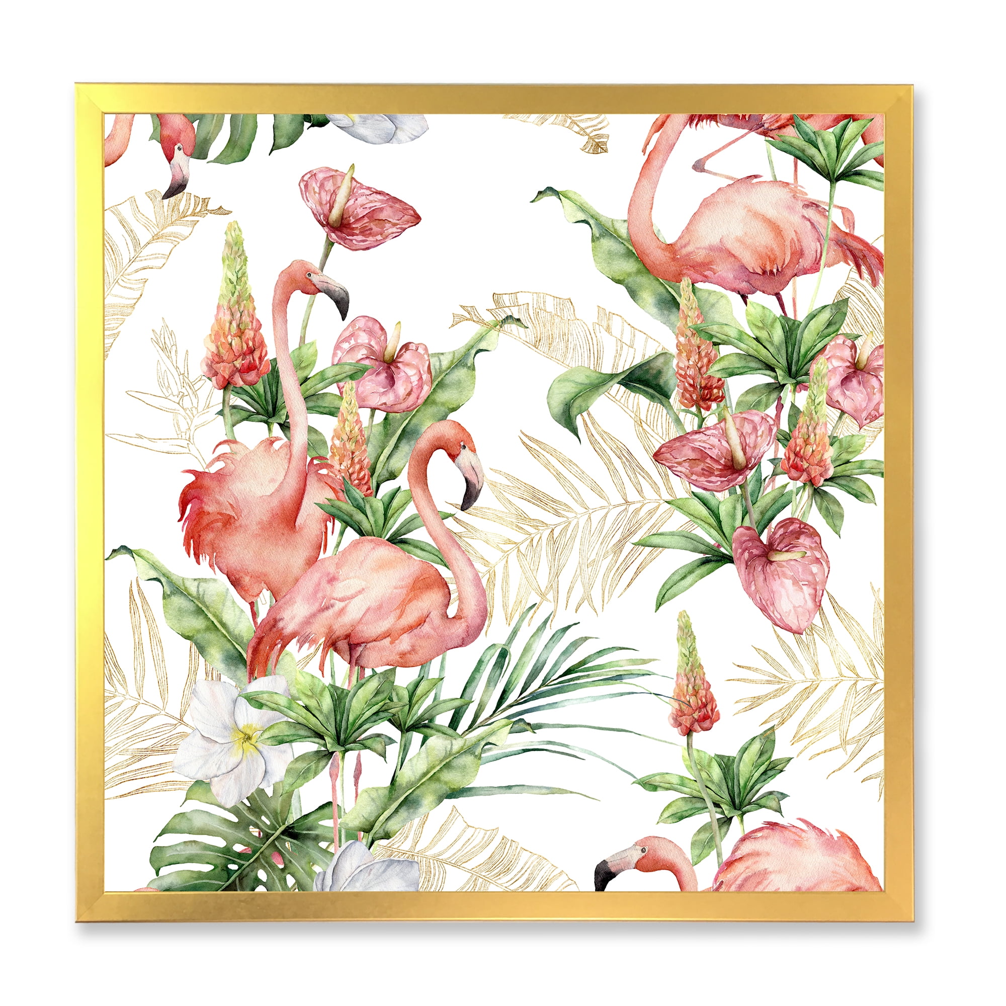 Designart 'Tropical Flowers & Gold Leaves With Pink Flamingos' Traditional Framed Art Print