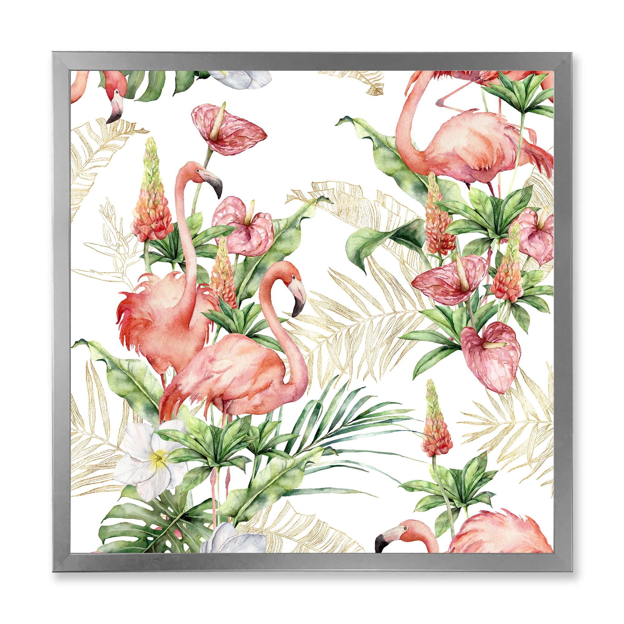 Designart 'Tropical Flowers & Gold Leaves With Pink Flamingos' Traditional Framed Art Print