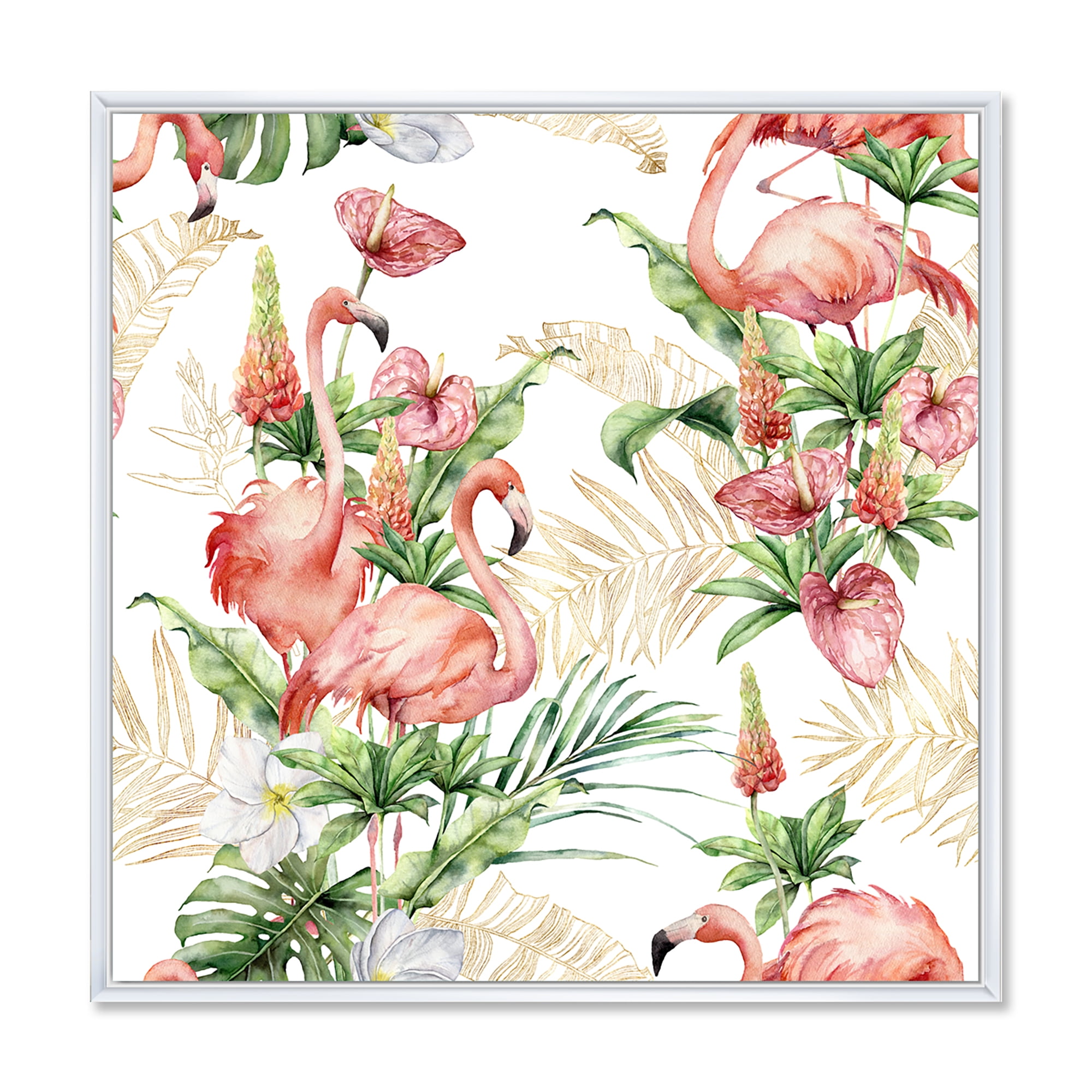 Designart 'Tropical Flowers & Gold Leaves With Pink Flamingos' Traditional Framed Canvas Wall Art Print