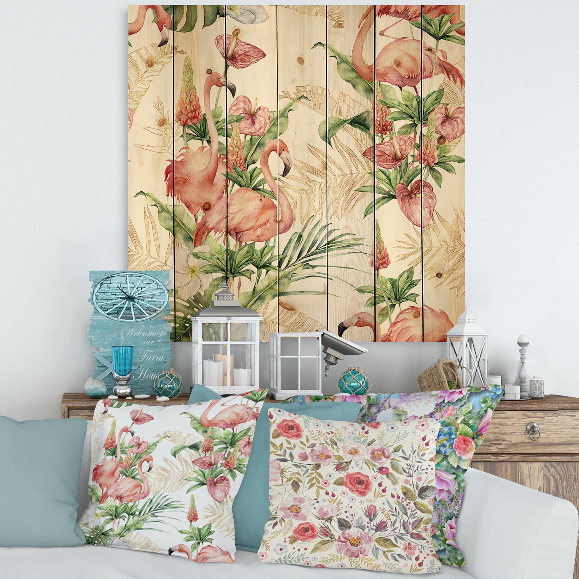 Designart 'Tropical Flowers & Gold Leaves With Pink Flamingos' Traditional Print on Natural Pine Wood