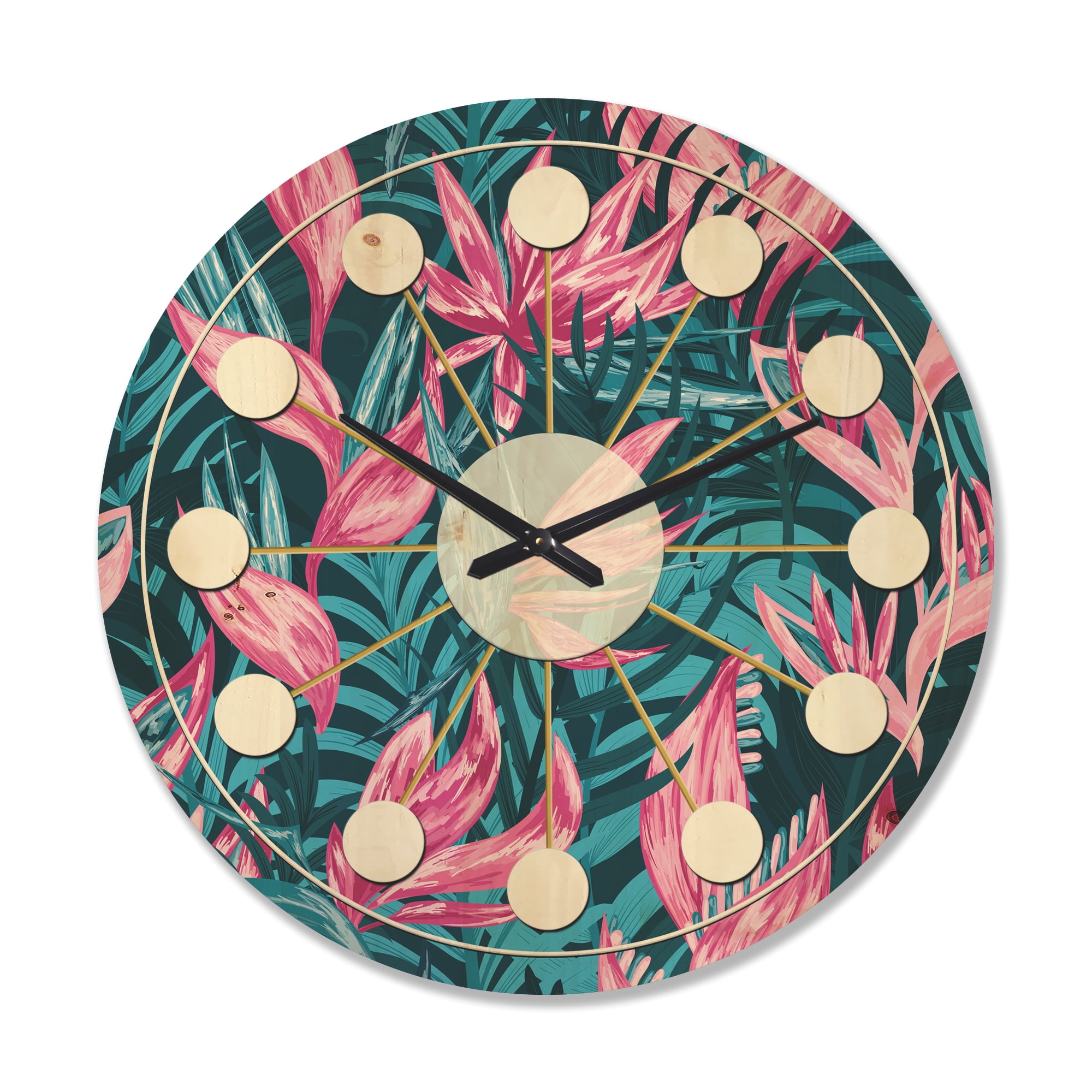 Designart 'Tropical Flowers I' Mid-Century Modern Wood Wall Clock