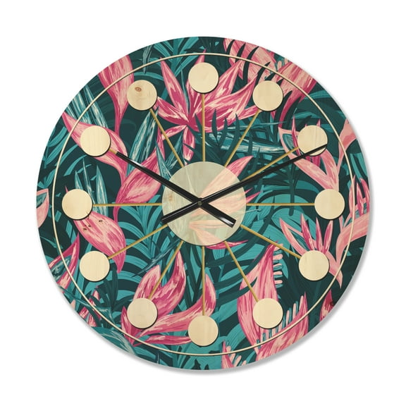 Designart 'Tropical Flowers I' Mid-Century Modern Wood Wall Clock