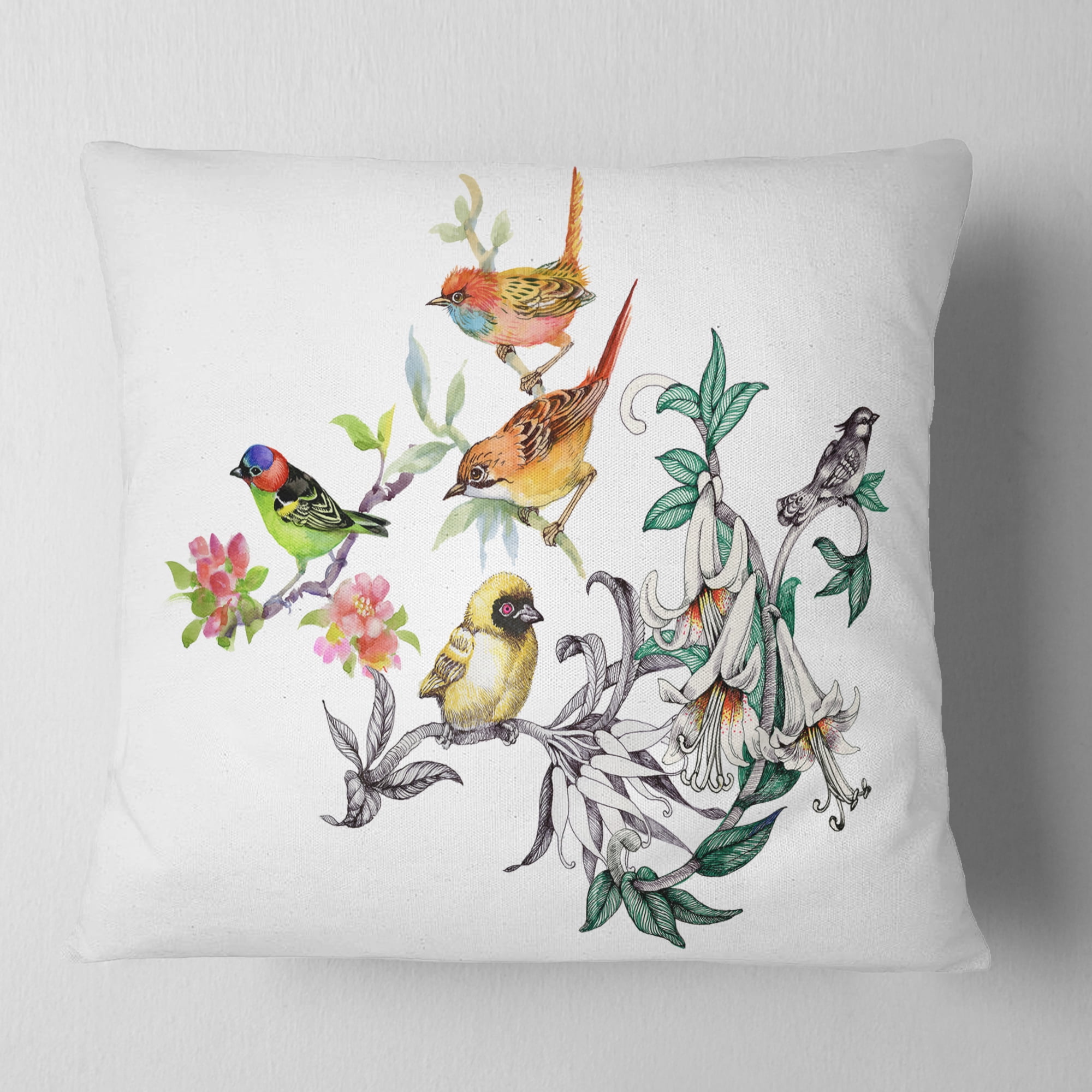 Designart Tropical Flowers and Birds - Birds Throw Pillow - 18x18