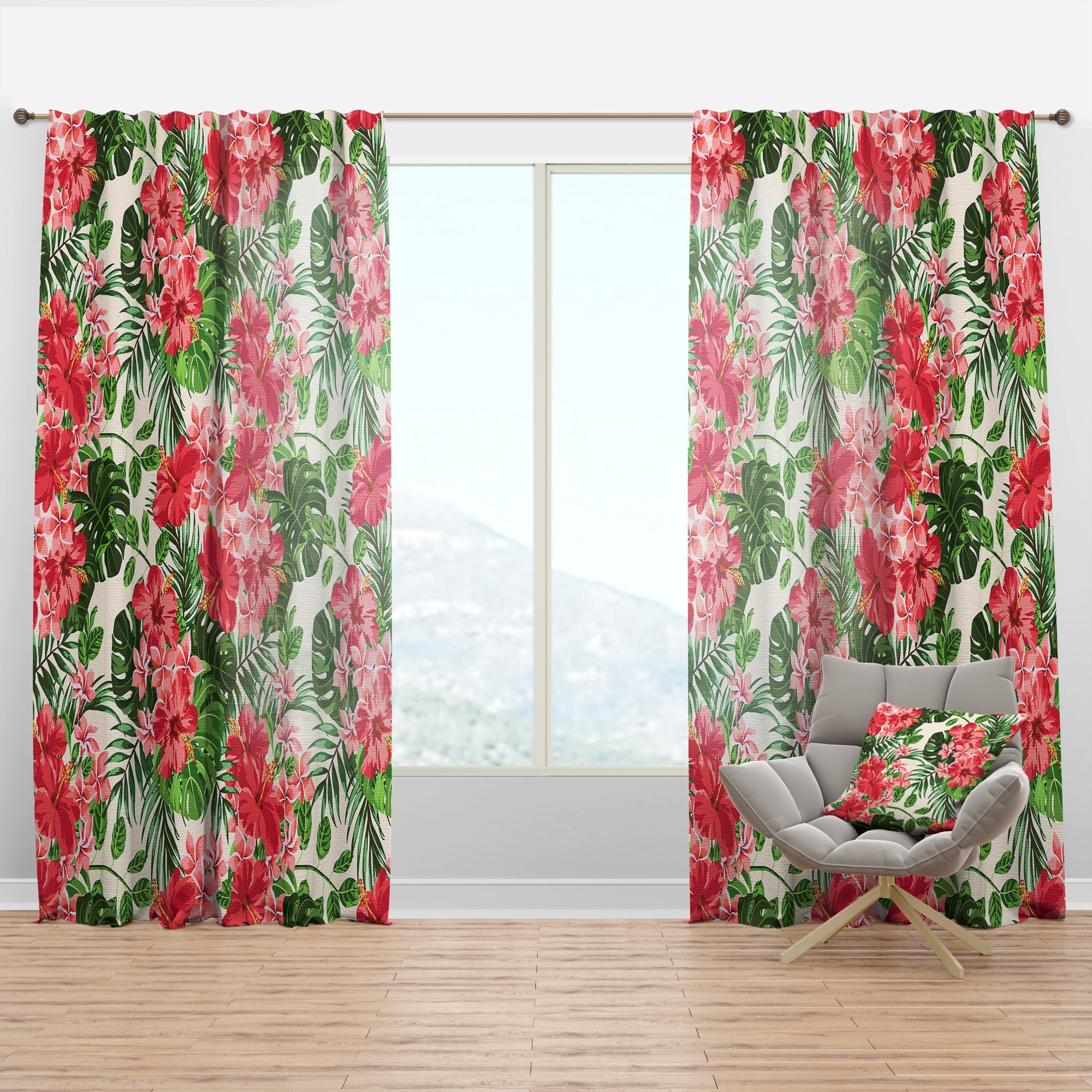 Designart 'Tropical Flowers and Leaves I' Mid-Century Modern Curtain Panel
