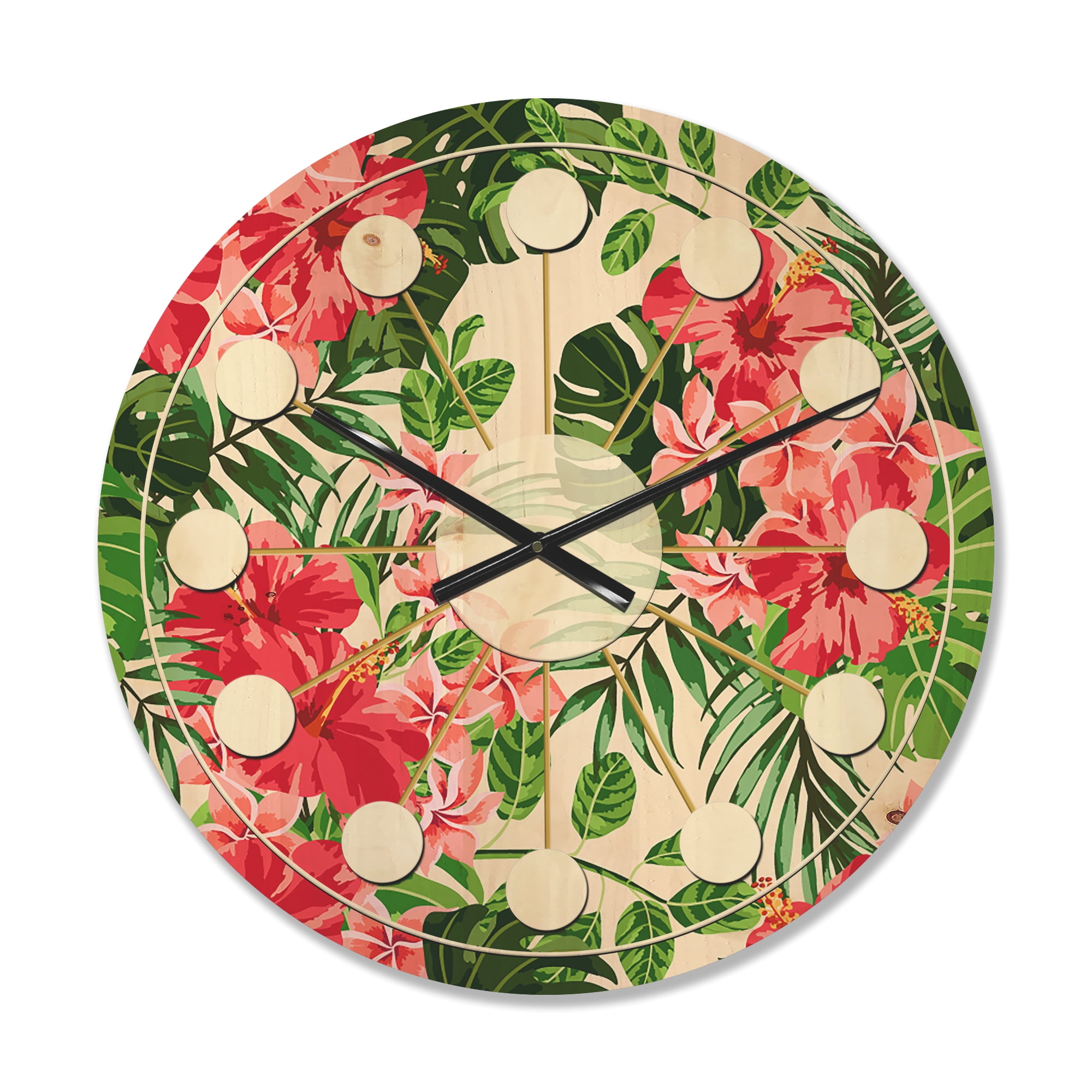 Designart 'Tropical Flowers and Leaves I' Mid-Century Modern Wood Wall Clock