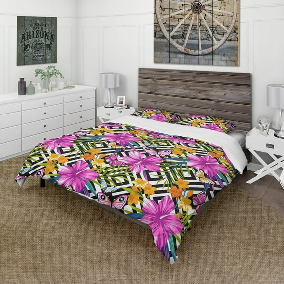 Designart 'Tropical Flowers and Pink Butterflies on Geometric Background' Floral Duvet Cover Set