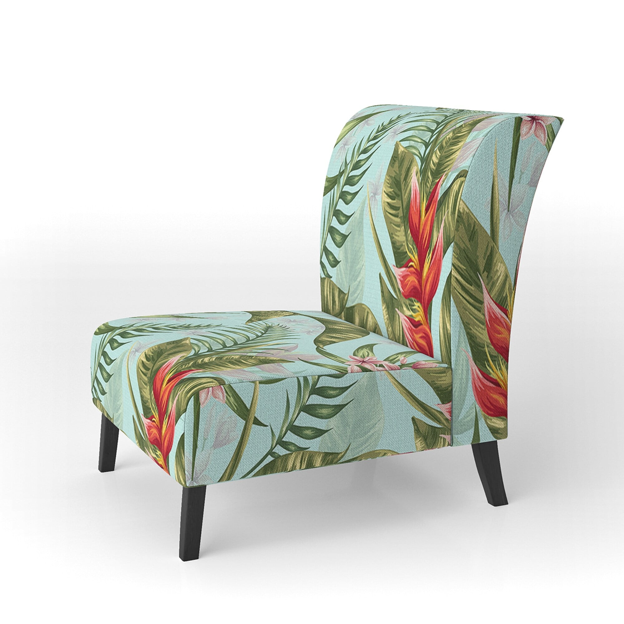 Tropical Foliage Upholstered Slipper Accent Chair with Wooden Legs