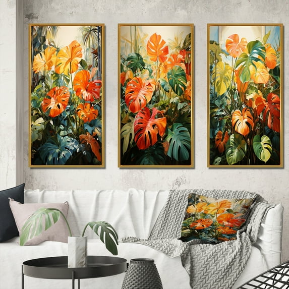 Designart "Tropical Foliage in Orange and Green IV" Tropical Framed Wall Art Set Of 3 - Orange Floral Frame Canvas Set For Living Room Decor