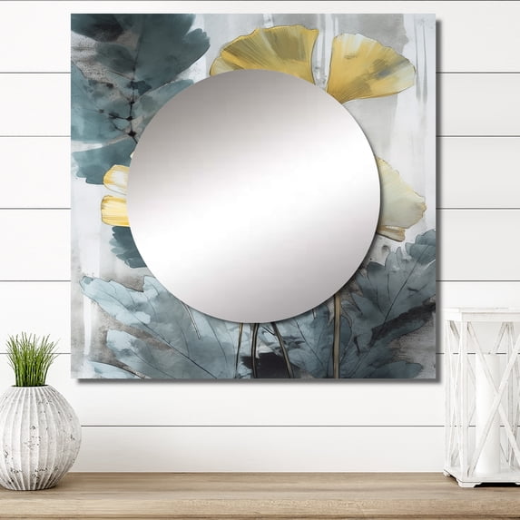Designart "Tropical Ginkgo Artwork II" Floral Leaves Square Mirror Wall Decor Traditional - Large Yellow Square Bathroom Mirror - Square Printed Wall Mirror Art