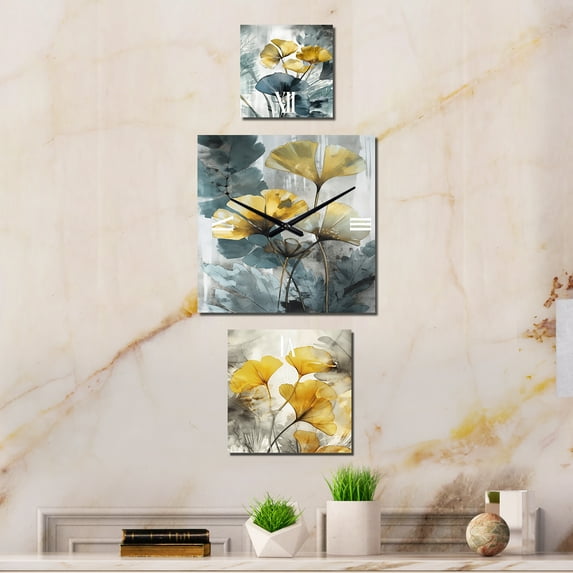 Designart "Tropical Ginkgo Artwork III" Palms & Palm Trees Multipanel Clock For Living Room Décor - Large Traditional Wall Clock - Oversized Yellow Wall Clock - Set Of 3