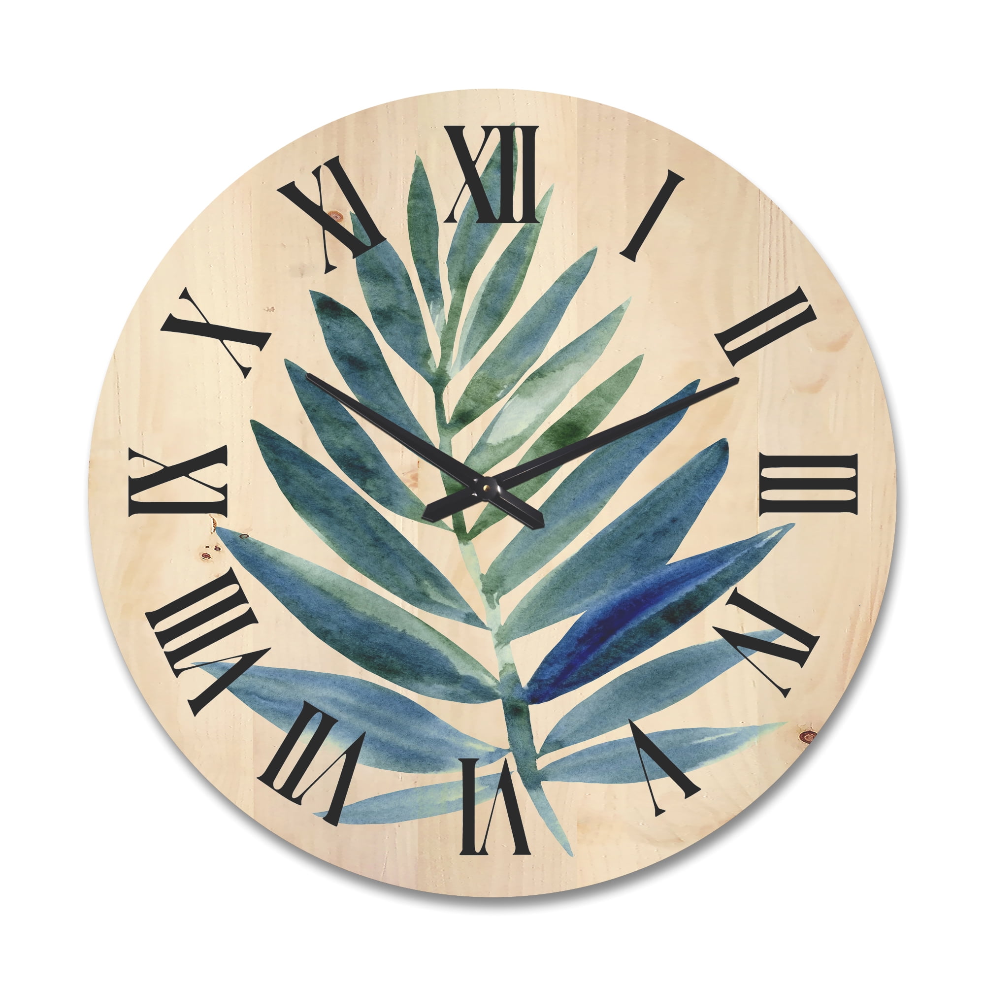 Designart 'Tropical Green Leaf On White' Farmhouse Wood Wall Clock