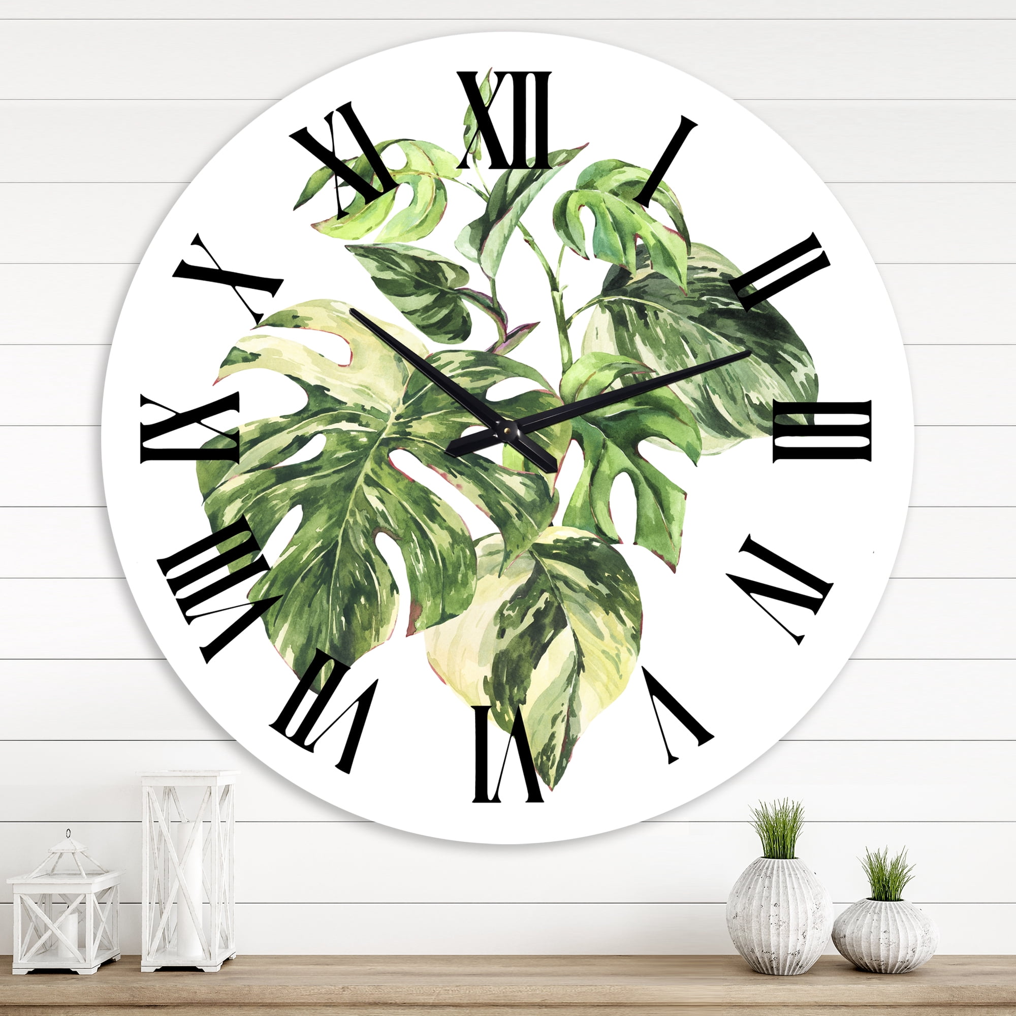 Designart 'Tropical Green Leaves In Summer Times I' Tropical Wall Clock