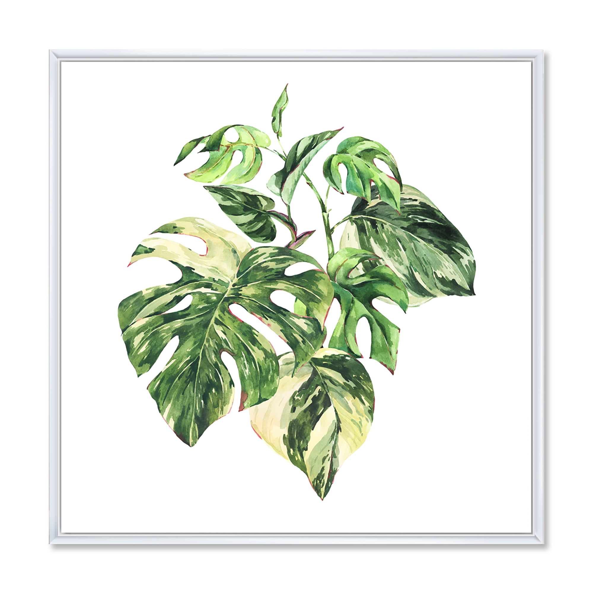Designart 'Tropical Green Leaves On White In Summer Times I' Tropical Framed Canvas Wall Art Print