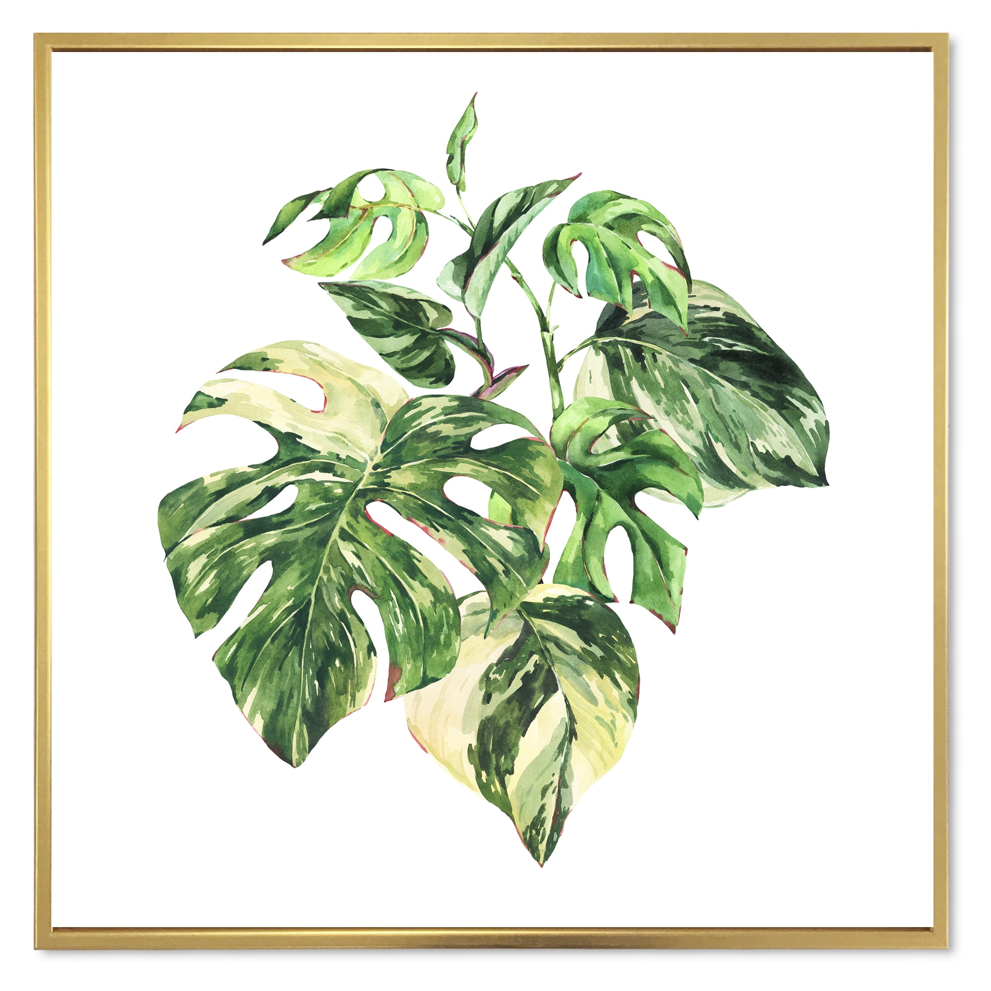 Designart 'Tropical Green Leaves On White In Summer Times I' Tropical Framed Canvas Wall Art Print