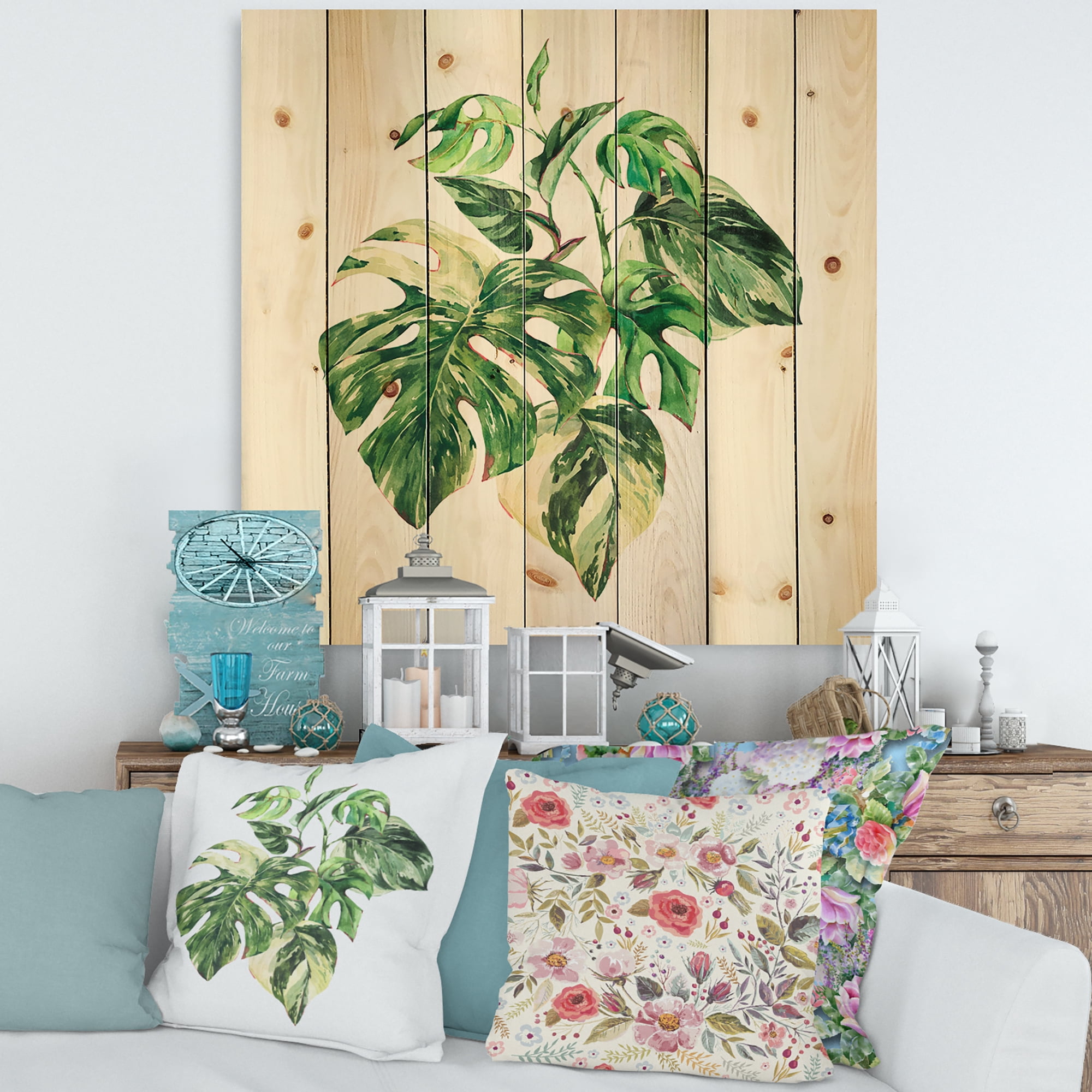 Designart 'Tropical Green Leaves On White In Summer Times I' Tropical Print on Natural Pine Wood