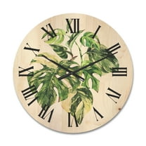 Designart 'Tropical Green Leaves On White In Summer Times I' Tropical Wood Wall Clock