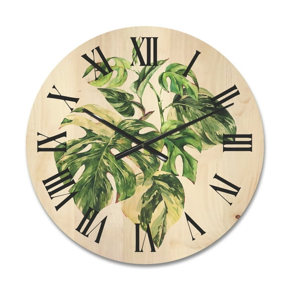 Designart 'Tropical Green Leaves On White In Summer Times I' Tropical Wood Wall Clock
