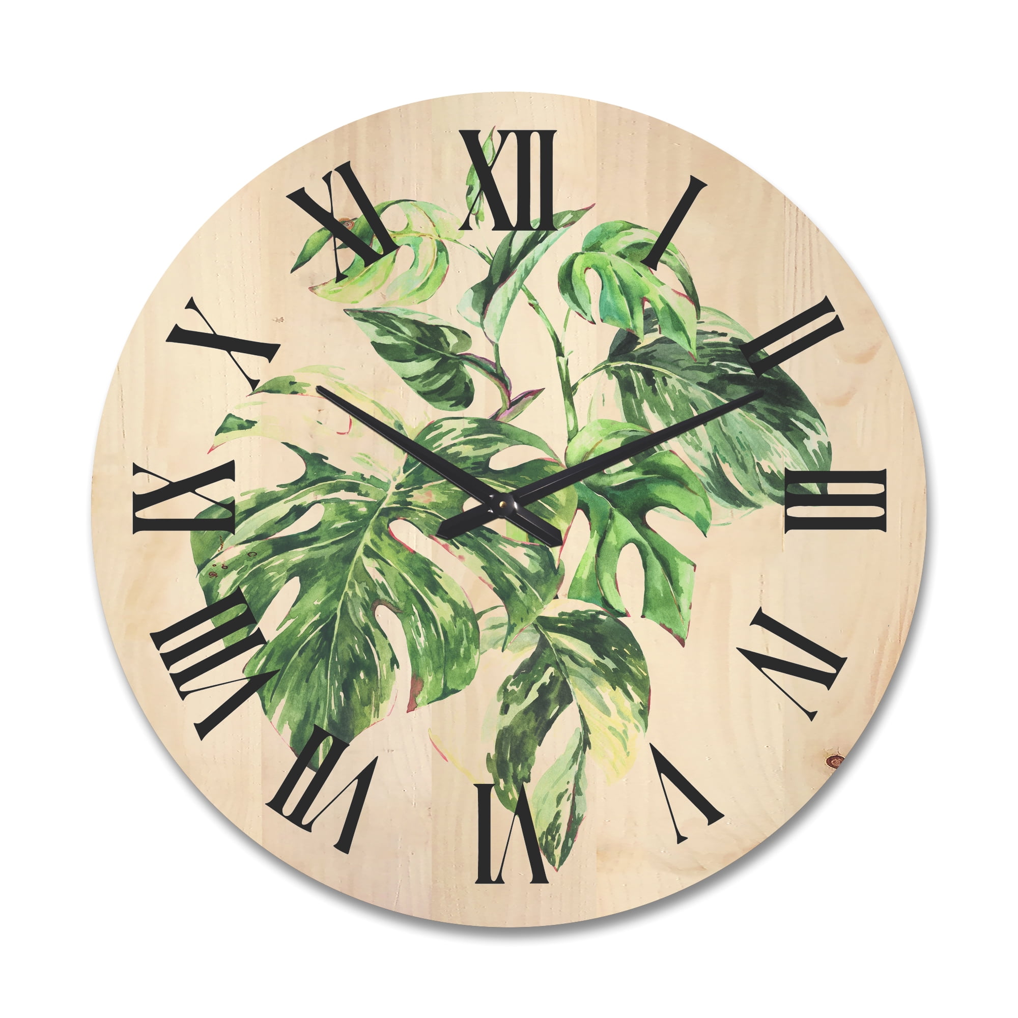 Designart 'Tropical Green Leaves On White In Summer Times I' Tropical Wood Wall Clock