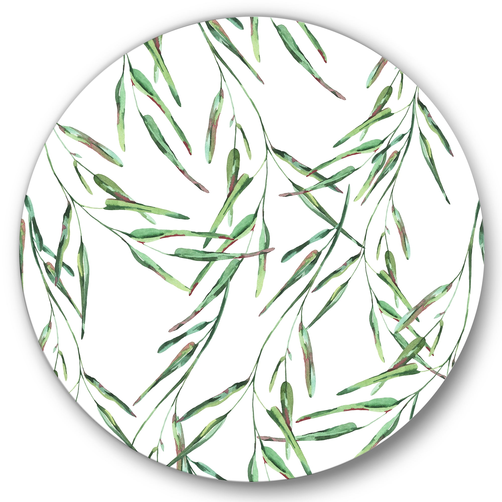 Designart 'Tropical Green Leaves On White In Summer Times II' Tropical Circle Metal Wall Art 29x29 - Disc of 29