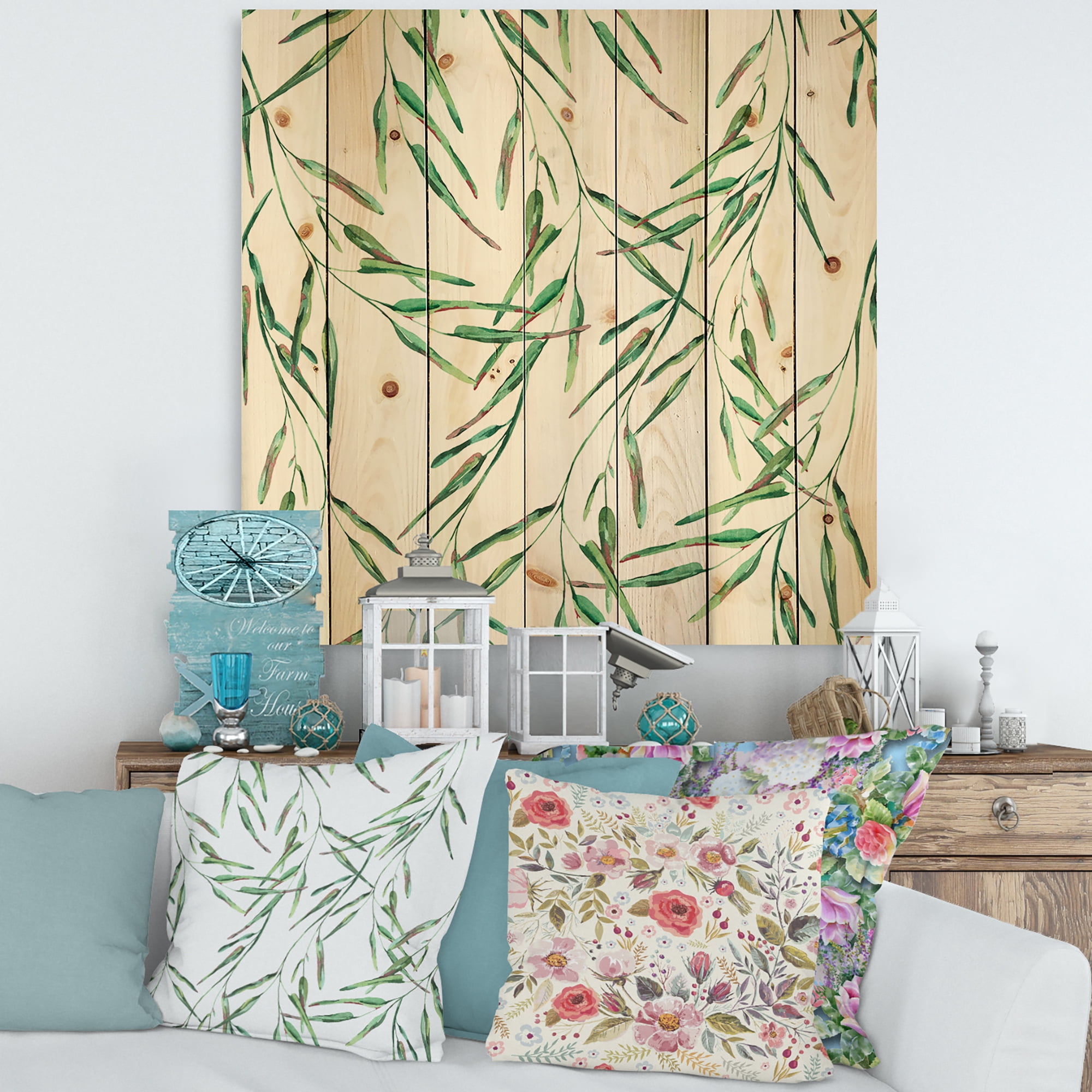 Designart 'Tropical Green Leaves On White In Summer Times II' Tropical Print on Natural Pine Wood