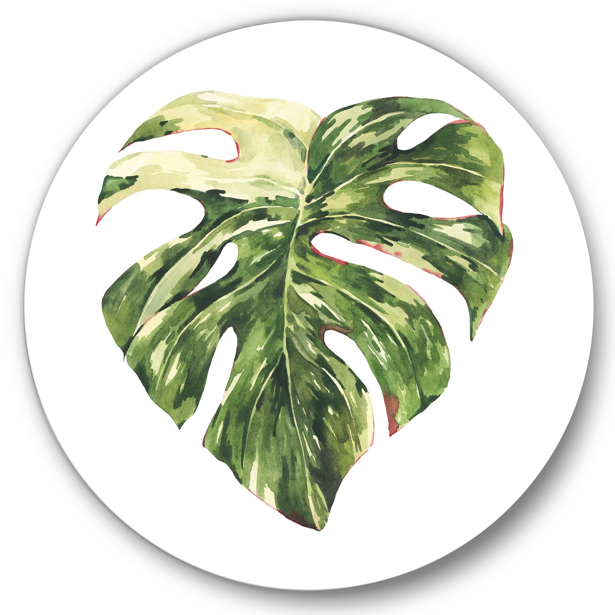Designart 'Tropical Green Leaves On White In Summer Times III' Tropical Circle Metal Wall Art 23x23 - Disc of 23
