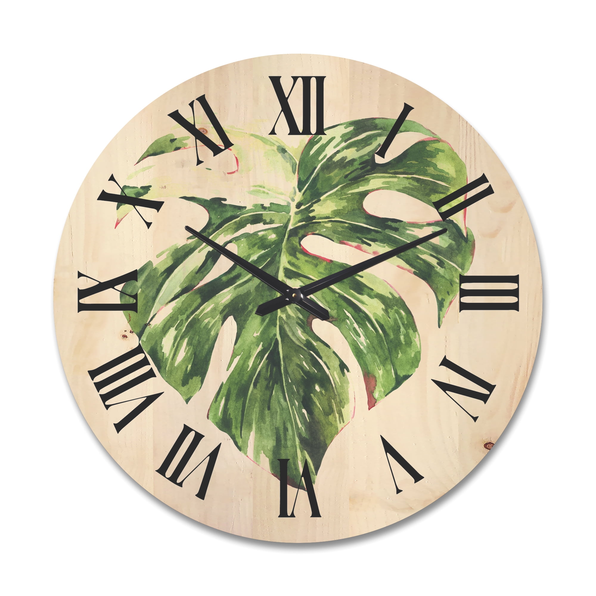Designart 'Tropical Green Leaves On White In Summer Times III' Tropical Wood Wall Clock