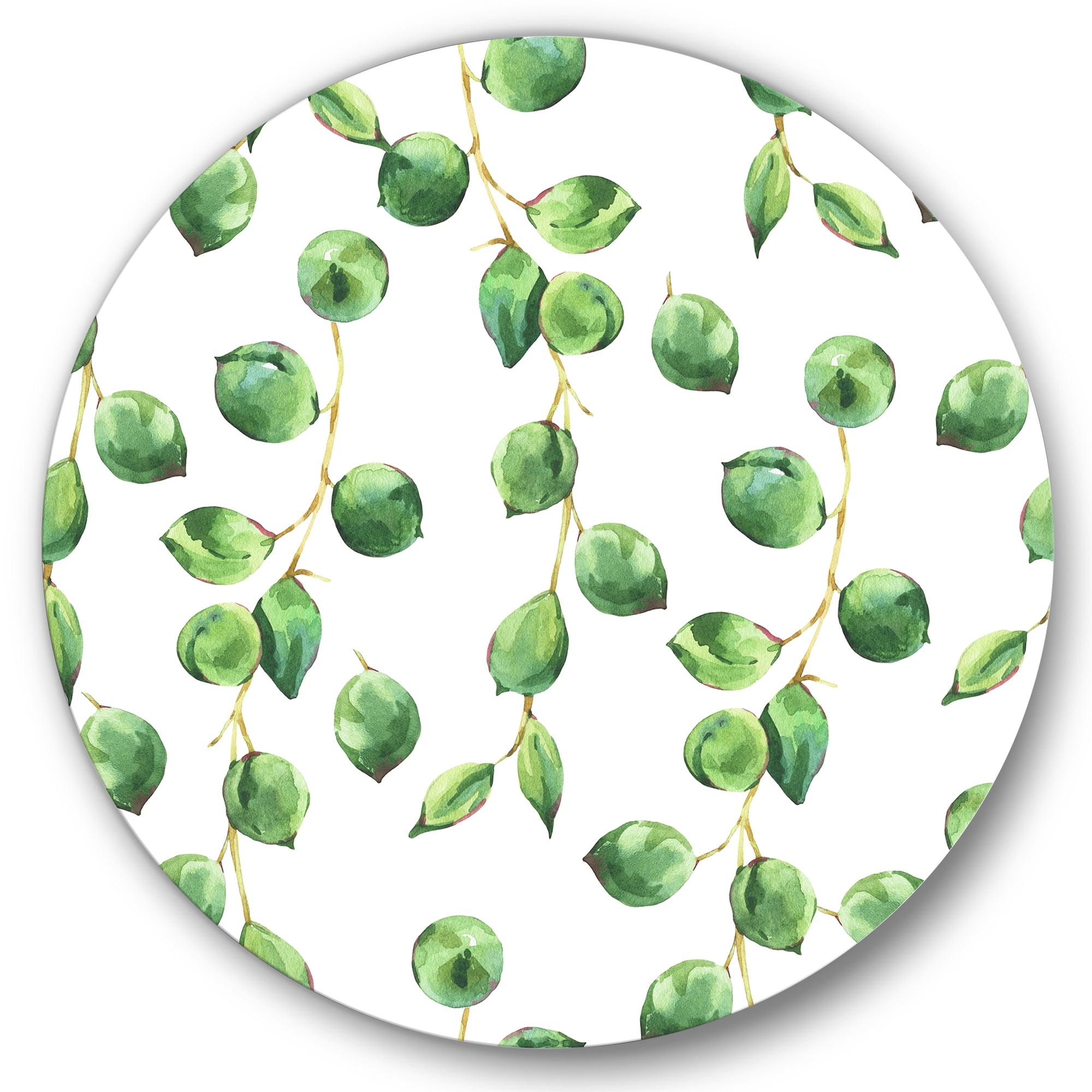 Designart 'Tropical Green Leaves Patern On White' Tropical Circle Metal Wall Art 36x36 - Disc of 36