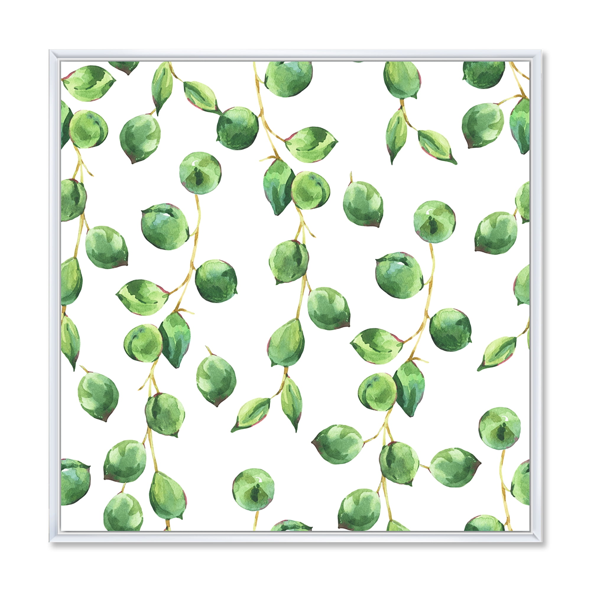Designart 'Tropical Green Leaves Patern On White' Tropical Framed Canvas Wall Art Print
