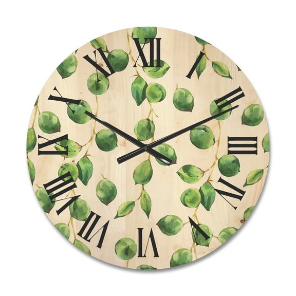 Designart 'Tropical Green Leaves Patern On White' Tropical Wood Wall Clock
