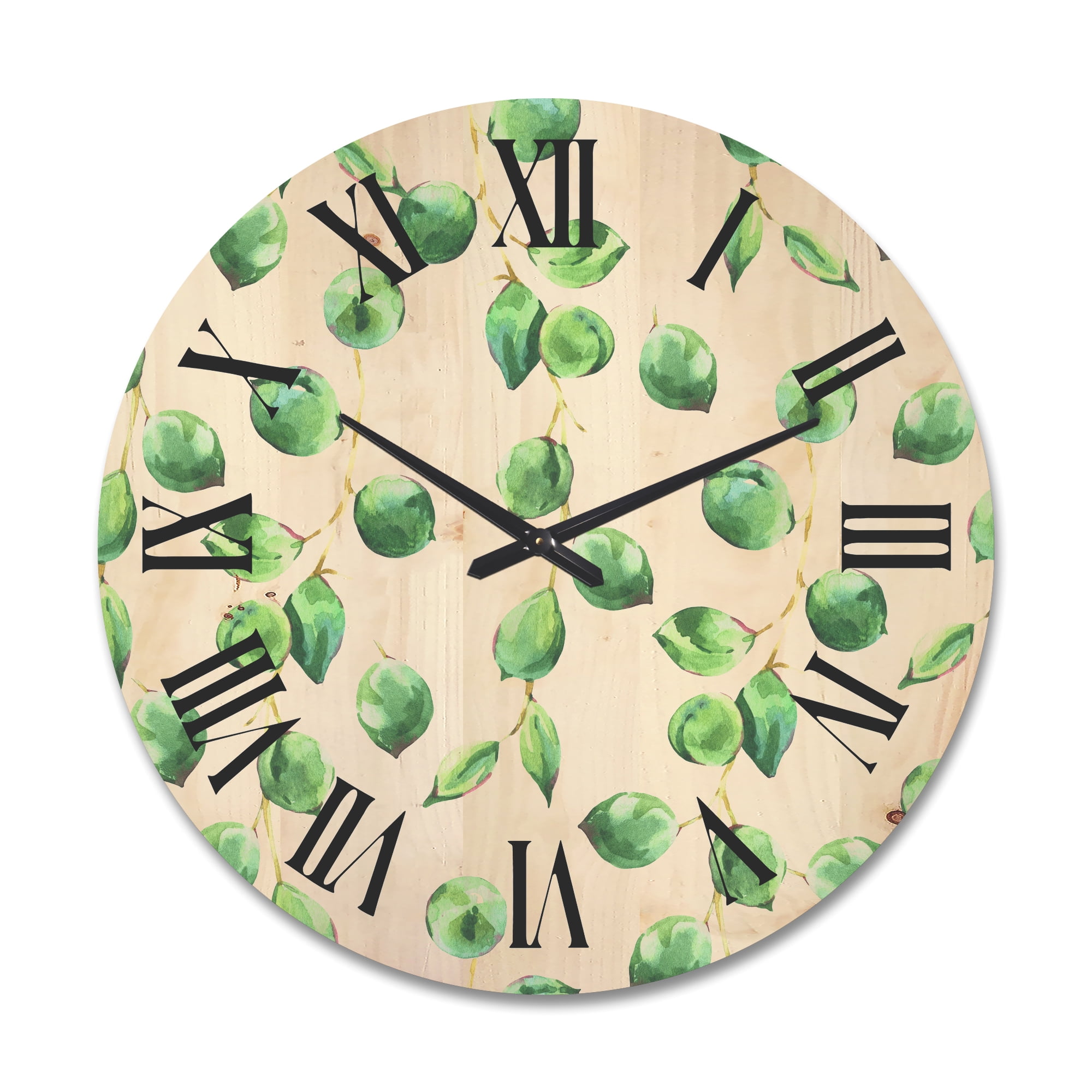 Designart 'Tropical Green Leaves Patern On White' Tropical Wood Wall Clock