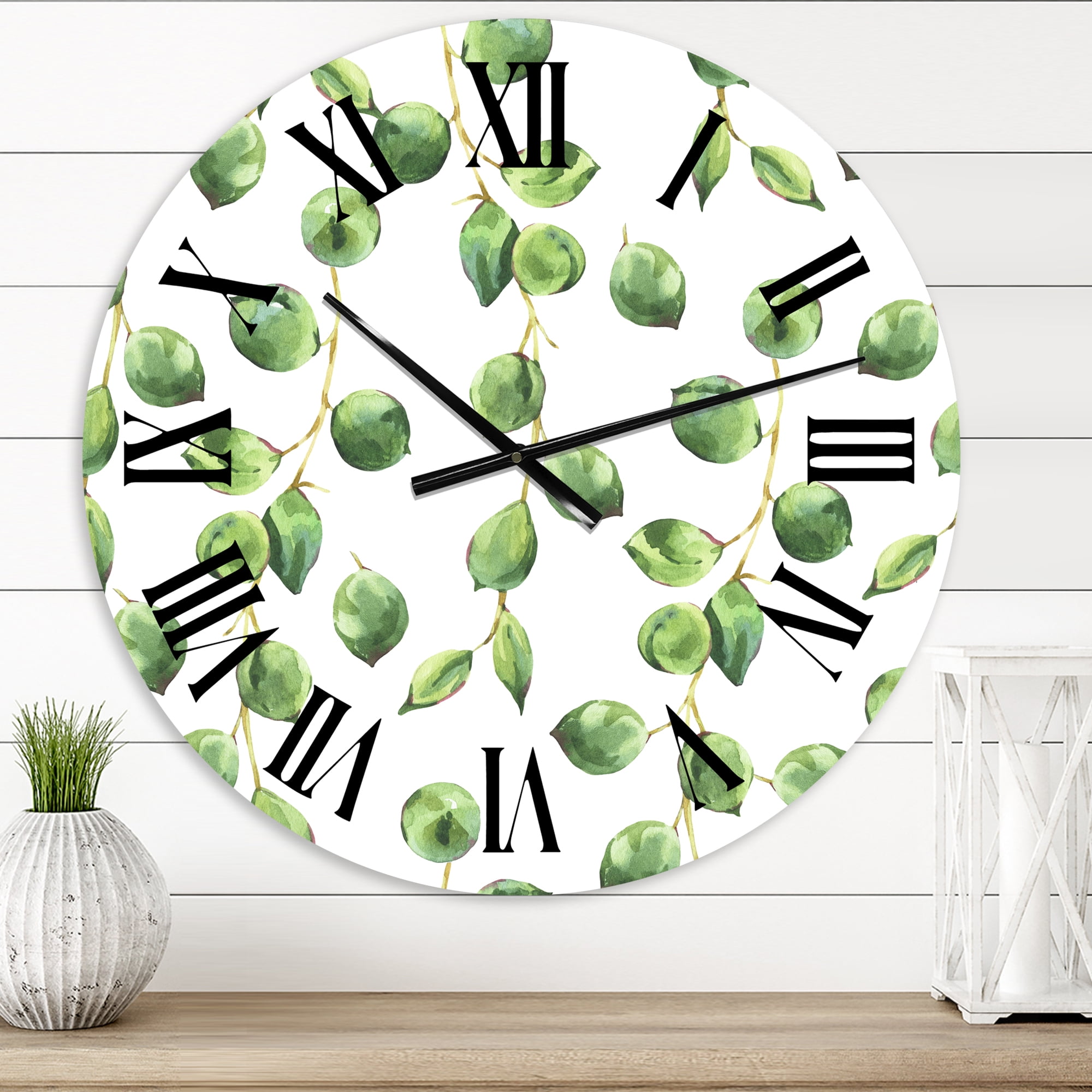 Designart 'Tropical Green Leaves Patern' Tropical Wall Clock