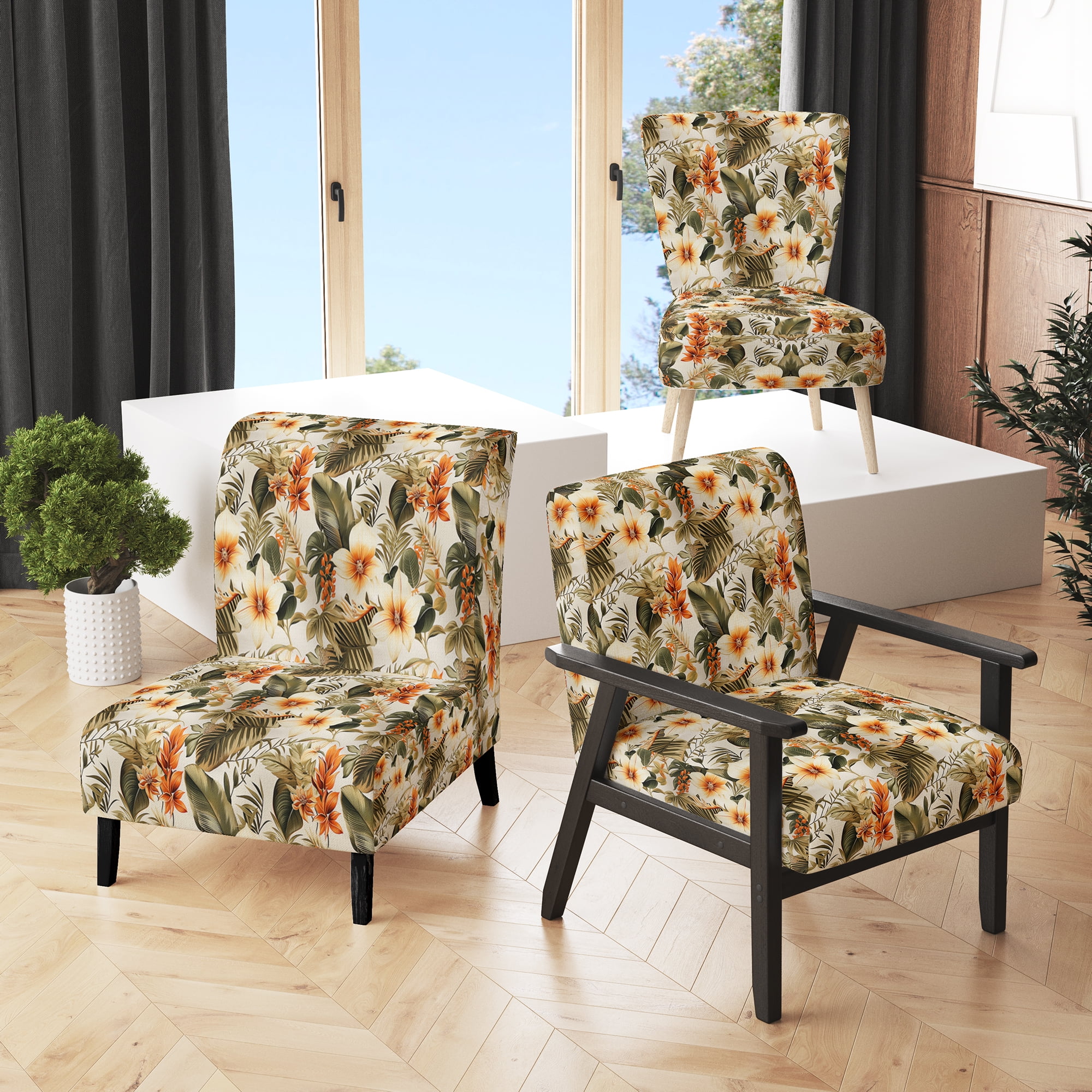 Tropical Floral Black Wood Slipper Accent Chair