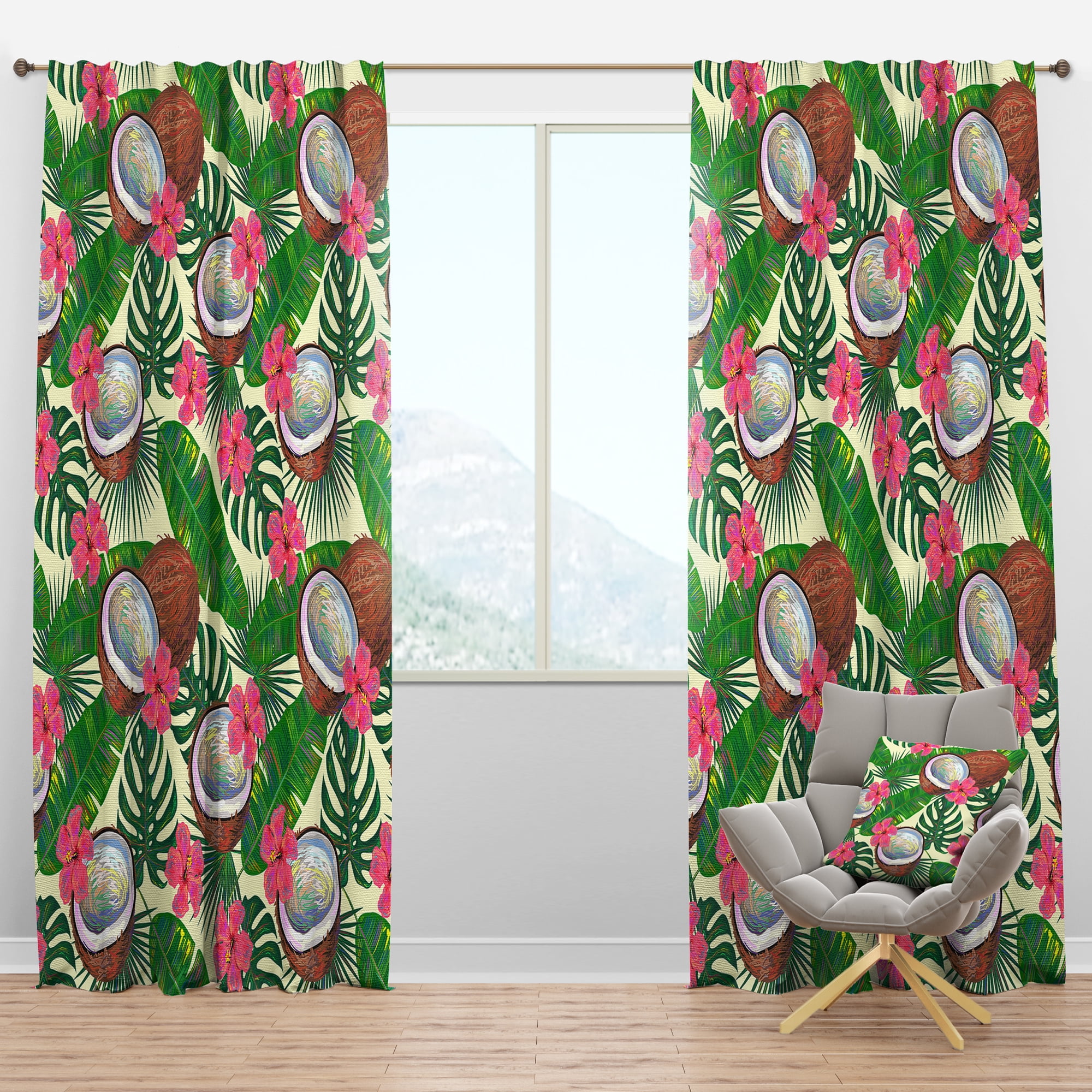 Designart 'Tropical Jungle Flowers and Cooconut' Mid-Century Modern Blackout Curtain Panel