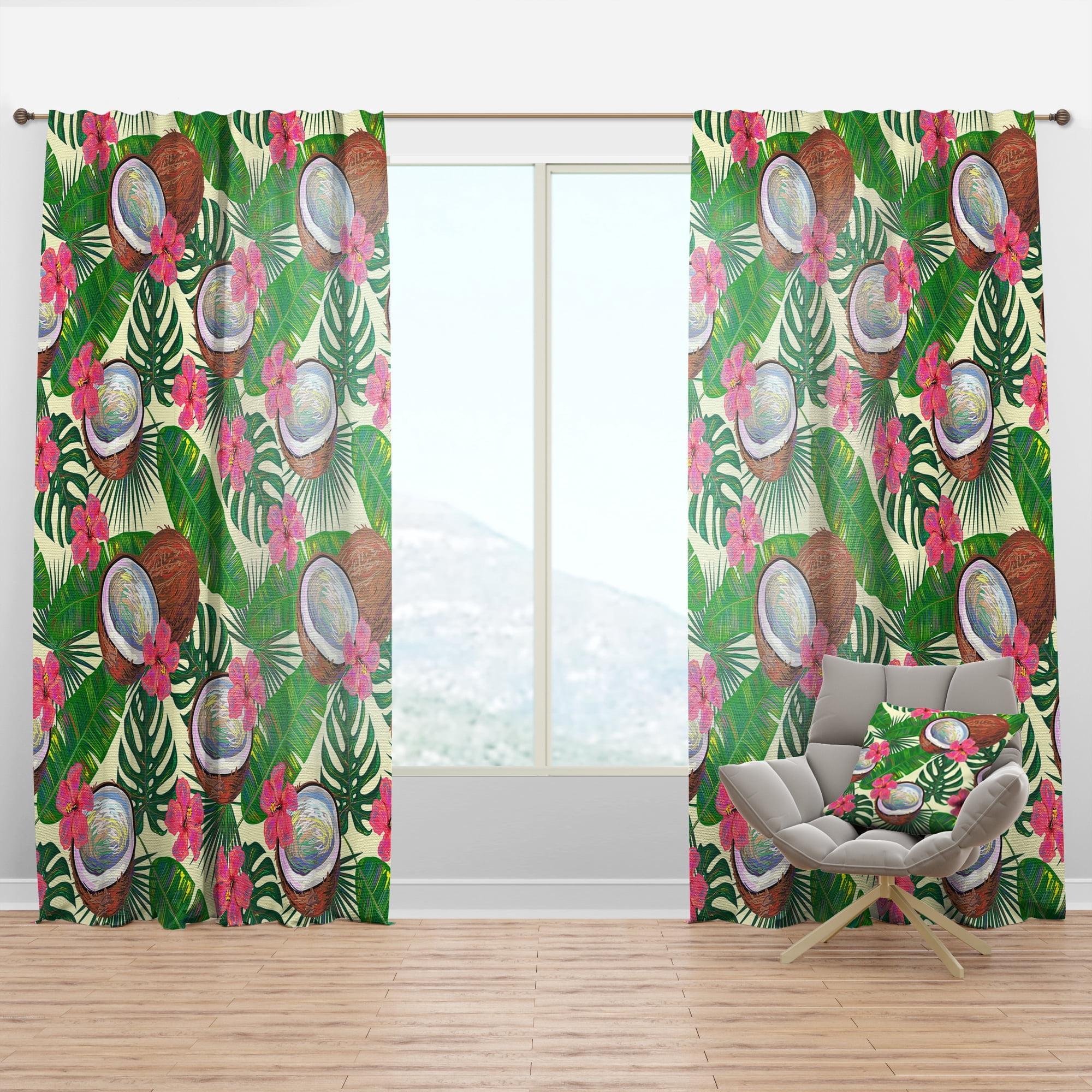 Designart 'Tropical Jungle Flowers and Cooconut' Mid-Century Modern Curtain Panel