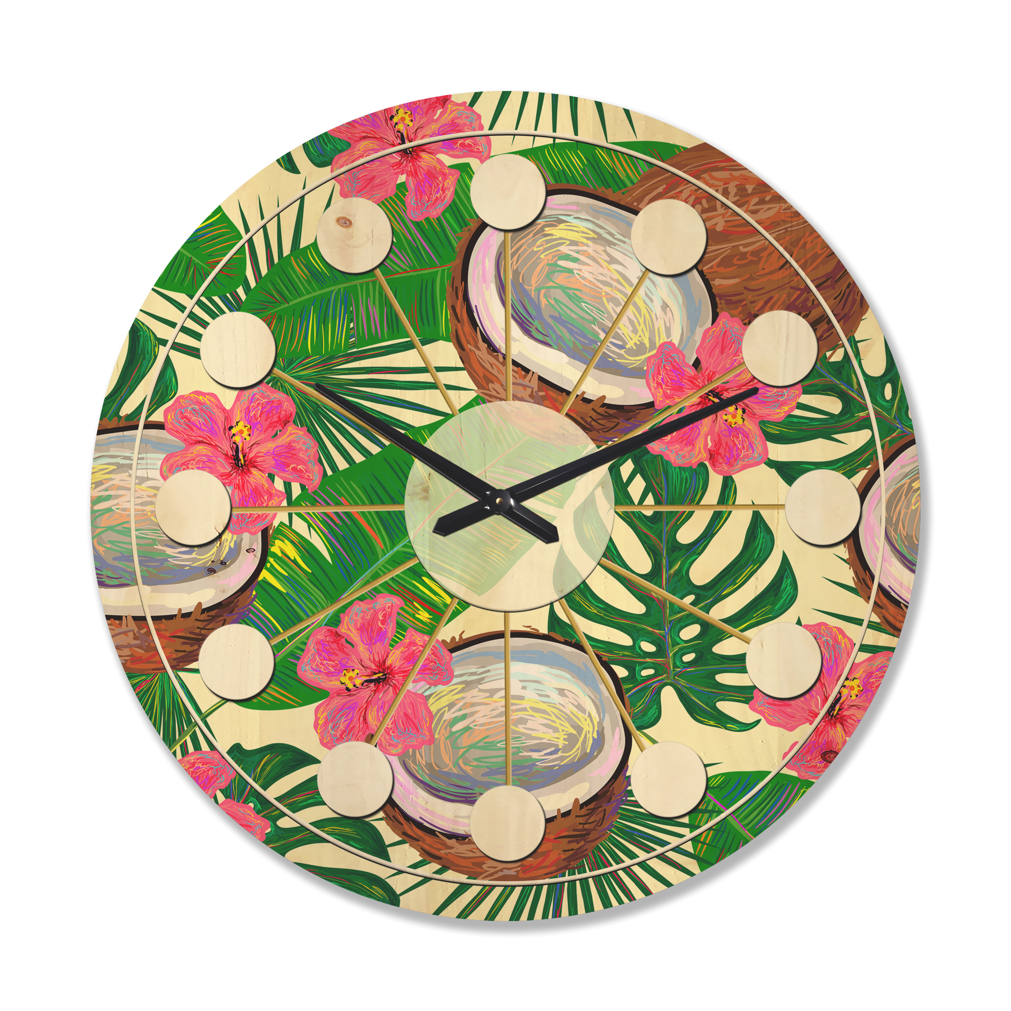 Designart 'Tropical Jungle Flowers and Cooconut' Mid-Century Modern Wood Wall Clock