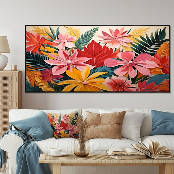 Designart "Tropical Jungle Pattern with Pink Floral II" Extra Large Floral Framed Wall Art - Traditional Pink Flowers Living Room Framed Canvas Art