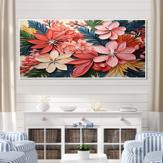 Designart "Tropical Jungle Pattern with Pink Floral IV" Extra Large Floral Framed Wall Art - Traditional Pink Flowers Entryway Framed Wall Art Print