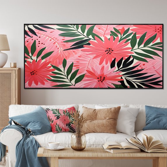 Designart "Tropical Jungle Reverie Pink Florals III" Oversized Floral Framed Wall Art - Traditional Pink Palms & Palm Trees Living Room Framed Canvas Art