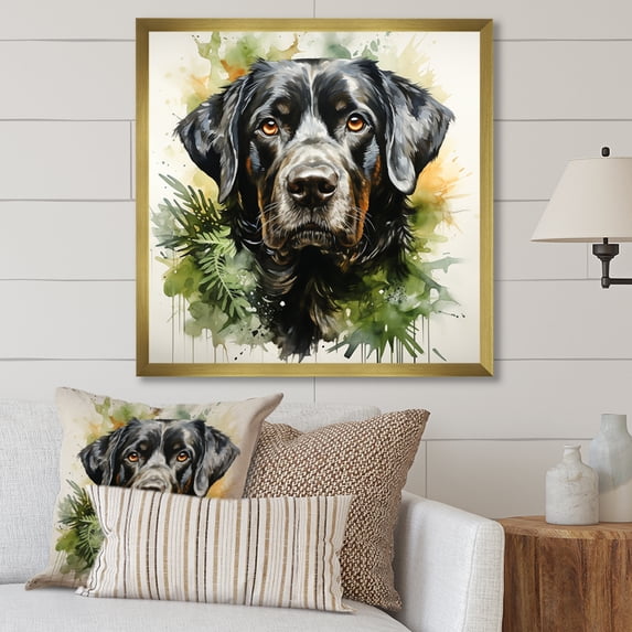 Designart "Tropical Labrador Art Portrait" Animals Framed Wall Art Decor - Modern Black Dog Hallway Framed Wall Art Decor