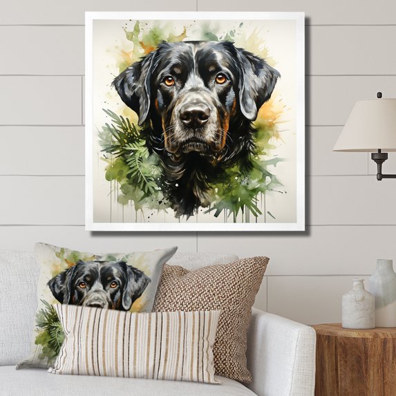 Designart "Tropical Labrador Art Portrait" Animals Framed Wall Art Decor - Modern Black Dog Hallway Framed Wall Art Decor