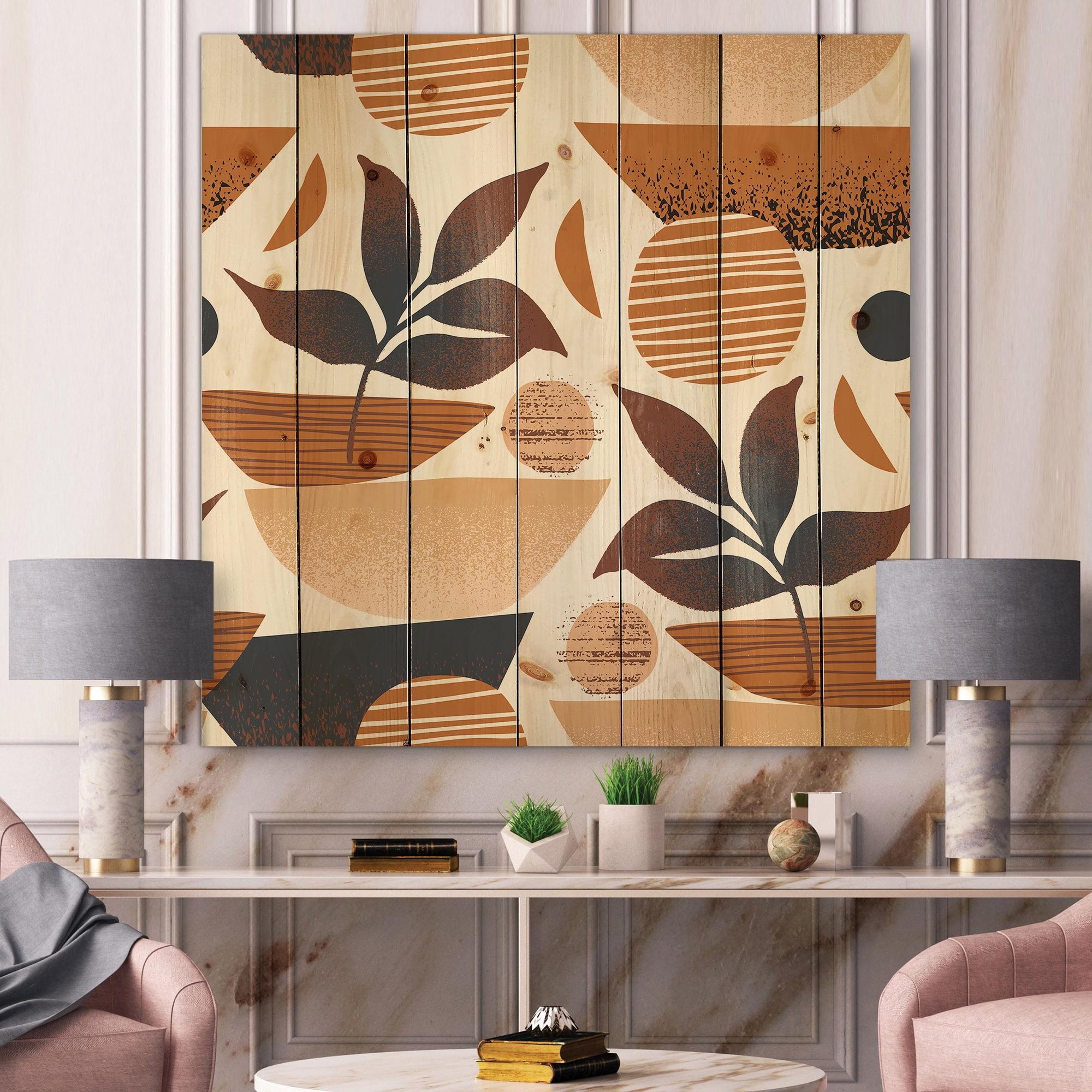 Designart 'Tropical Leaf Silhouettes and Shapes on White' Modern Print on Natural Pine Wood