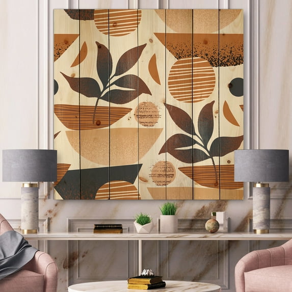Designart 'Tropical Leaf Silhouettes and Shapes on White' Modern Print on Natural Pine Wood