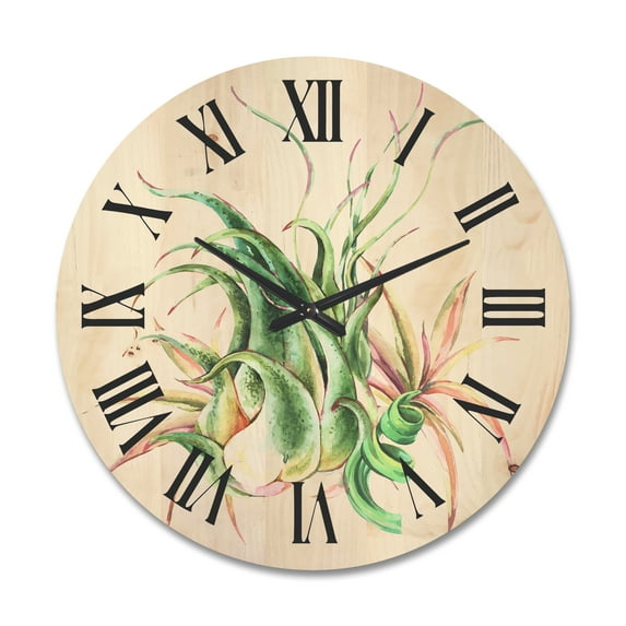Designart 'Tropical Leaves Air Plant Succulent On White' Farmhouse Wood Wall Clock
