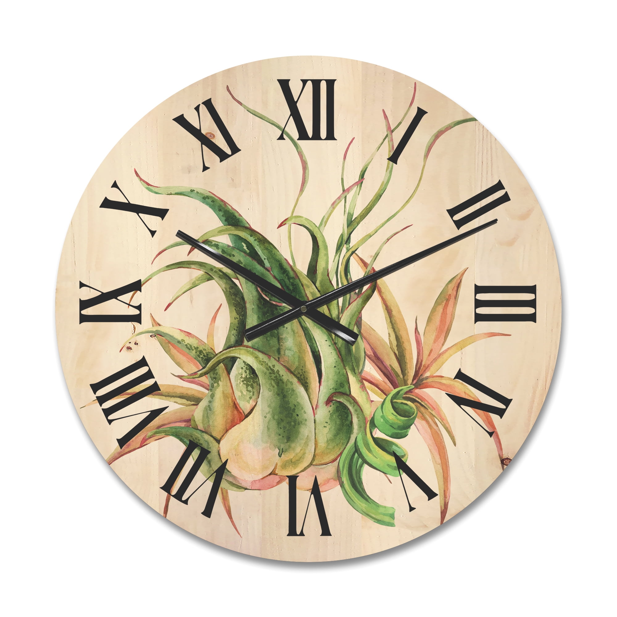 Designart 'Tropical Leaves Air Plant Succulent On White' Farmhouse Wood Wall Clock
