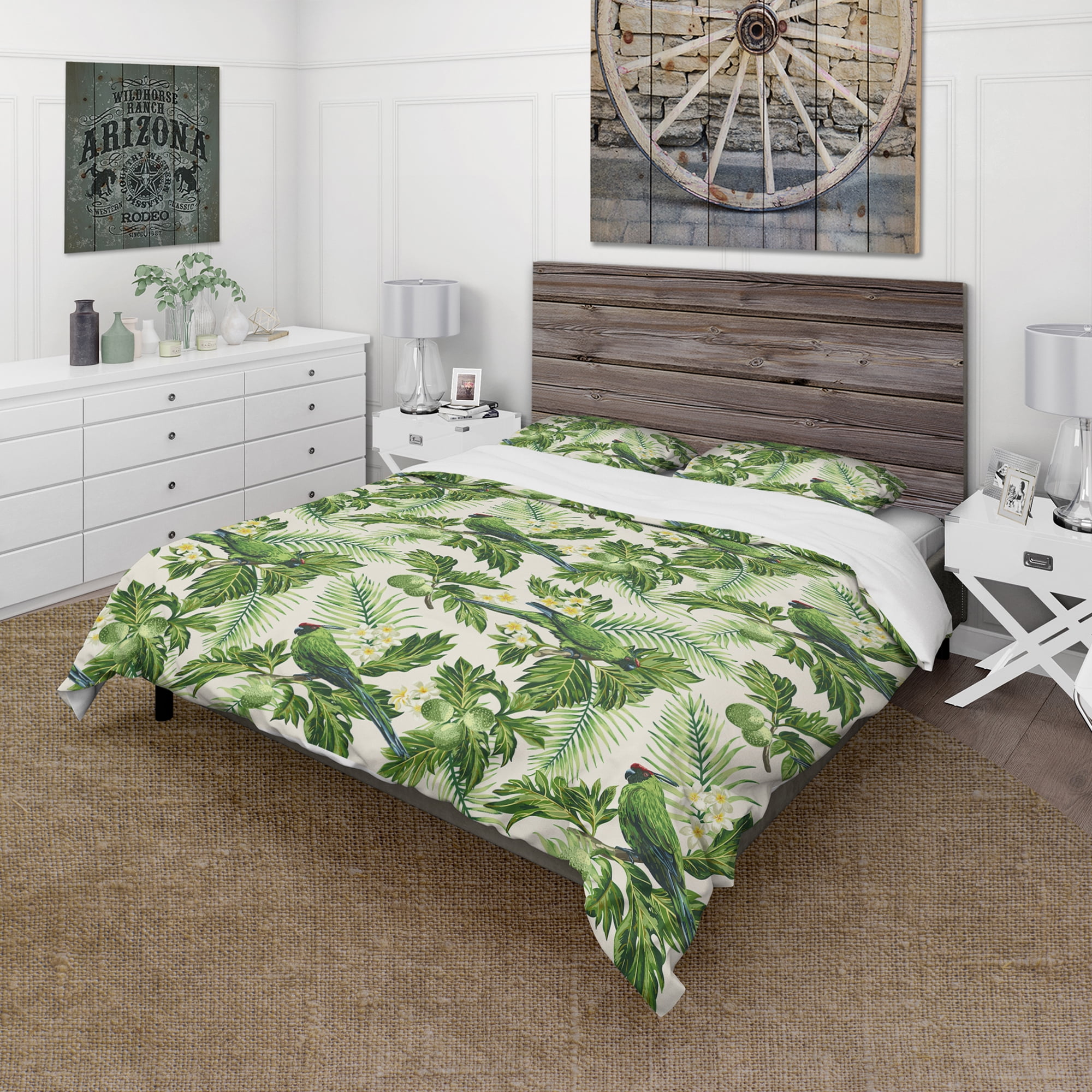 Designart 'Tropical Leaves, Green Bird and White Flowers' Animals Duvet Cover Set