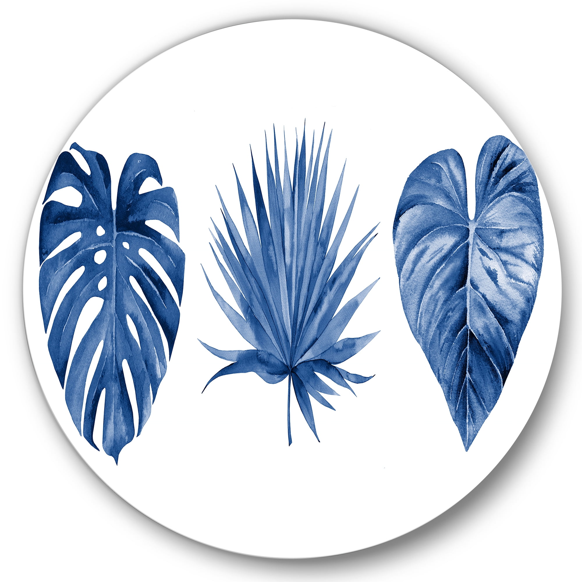 Classic Blue Tropical Leaves Aluminum Circle Wall Art, 29x29 Inches
