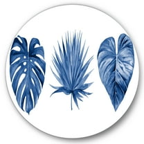 Designart 'Tropical Leaves In Classic Blue ' Tropical Circle Metal Wall Art 36x36 - Disc of 36