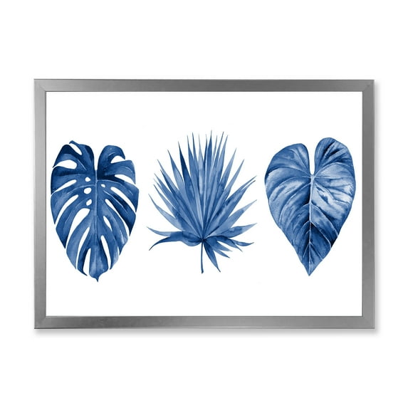 Designart 'Tropical Leaves In Classic Blue ' Tropical Framed Art Print